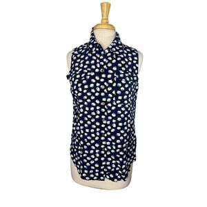 VINCE CAMUTO TWO Blue Spring Blossom Collared Sleeveless Blouse Medium Rayon